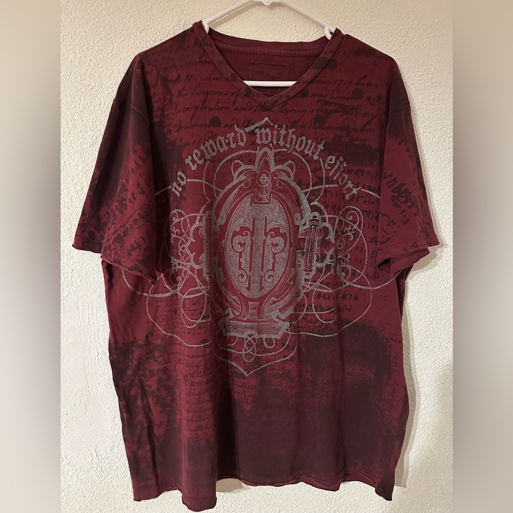 Retrofit Graphic T-Shirt Men Burgundy Cotton Y2K No Reward Without Effort Sz XXL